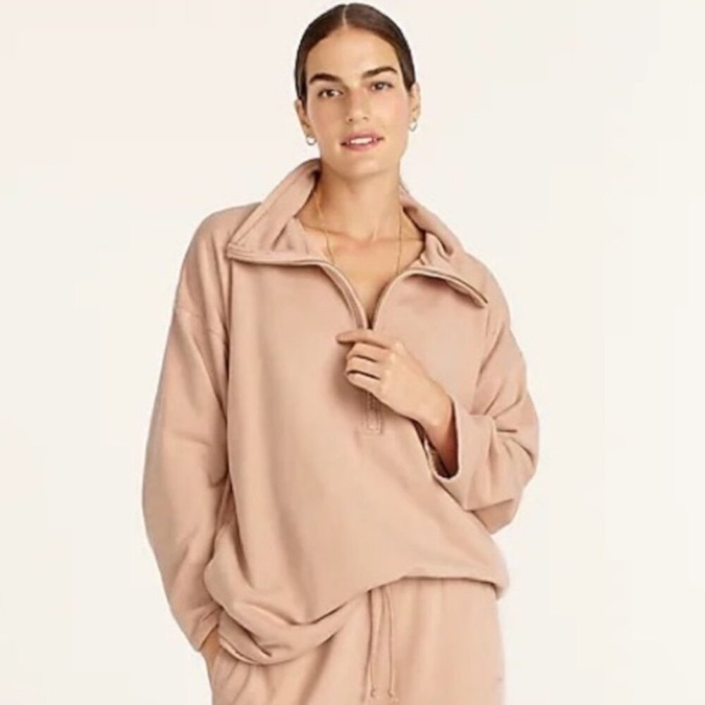 Women's J. CREW University Half-Zip Oversize w/Pockets Pink Sweatshirt- Size XS